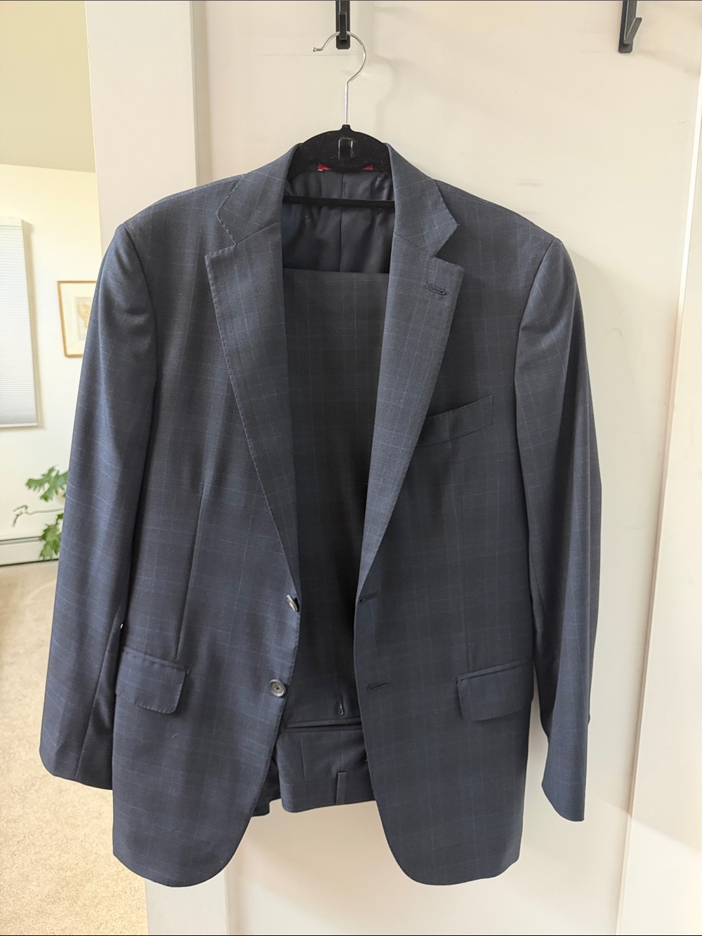 Isaia Men's Dark Charcoal/Navy Windowpane Suit Blazer and cuffed trousers